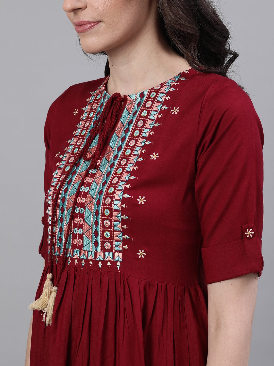 Women's Maroon Solid Embroidered Tie-Up Neck Viscose Rayon A-Line Dress