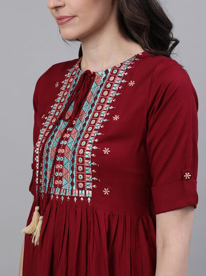 Women's Maroon Solid Embroidered Tie-Up Neck Viscose Rayon A-Line Dress