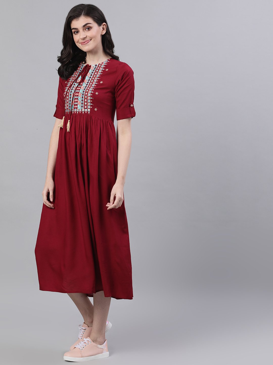 Women's Maroon Solid Embroidered Tie-Up Neck Viscose Rayon A-Line Dress