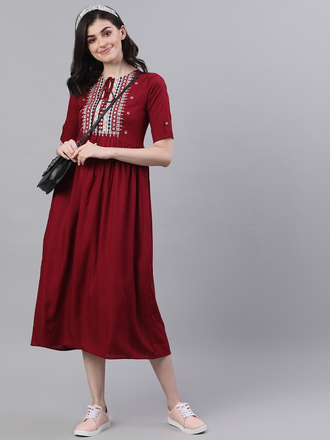Women's Maroon Solid Embroidered Tie-Up Neck Viscose Rayon A-Line Dress