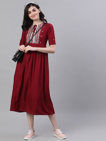 Women's Maroon Solid Embroidered Tie-Up Neck Viscose Rayon A-Line Dress