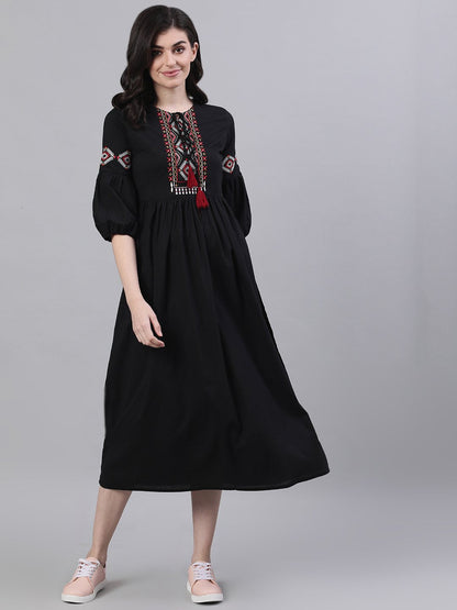 Women's Navy Black Solid Solid Tie-Up Neck Viscose Rayon Fit And Flare Dress