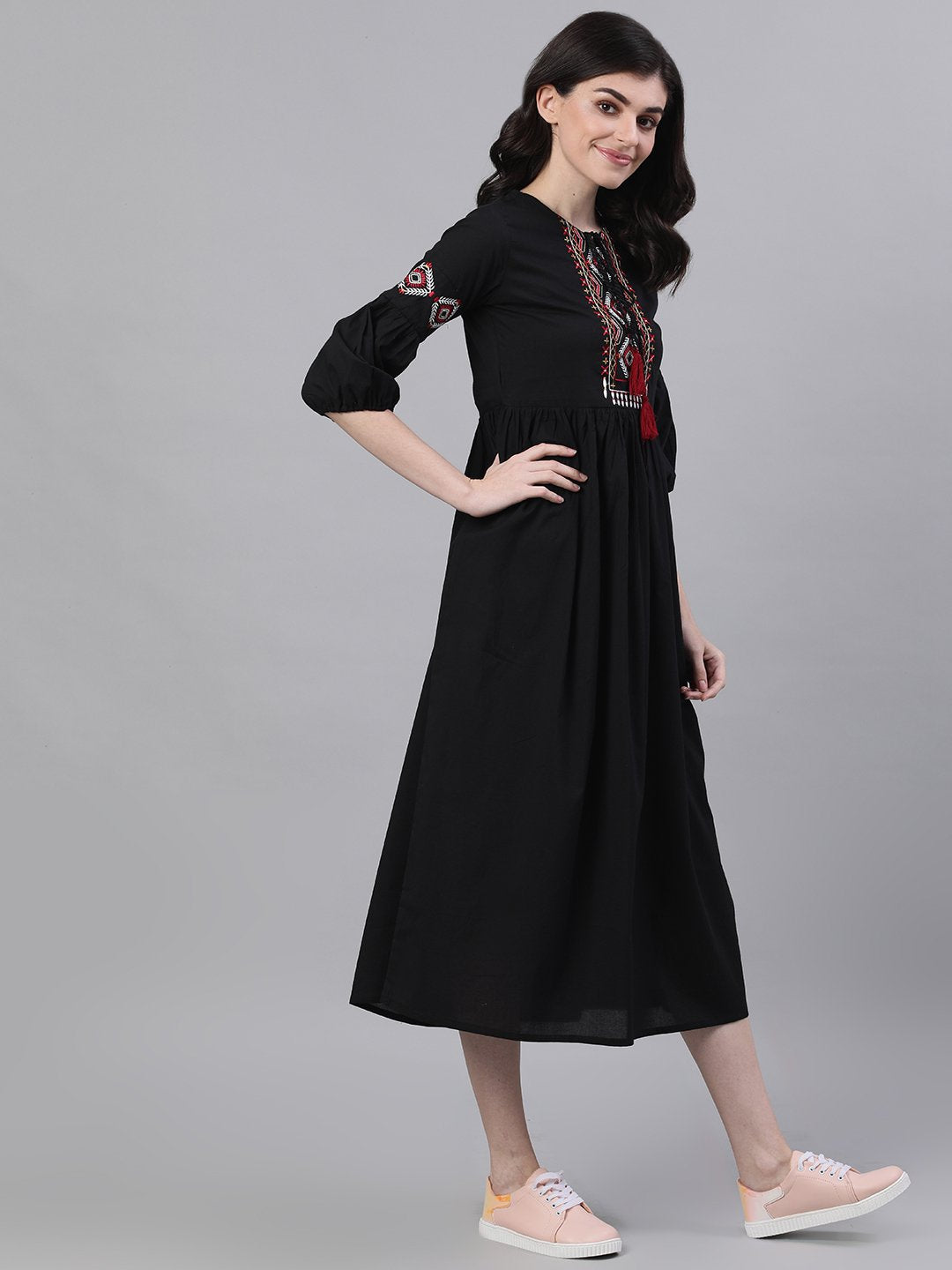 Women's Navy Black Solid Solid Tie-Up Neck Viscose Rayon Fit And Flare Dress