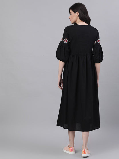 Women's Navy Black Solid Solid Tie-Up Neck Viscose Rayon Fit And Flare Dress