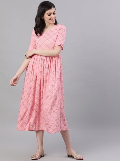 Women's Pink Checked Checked V-Neck Viscose Rayon Maxi Dress