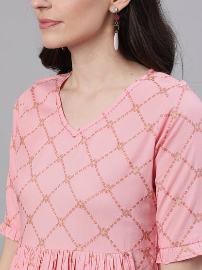 Women's Pink Checked Checked V-Neck Viscose Rayon Maxi Dress