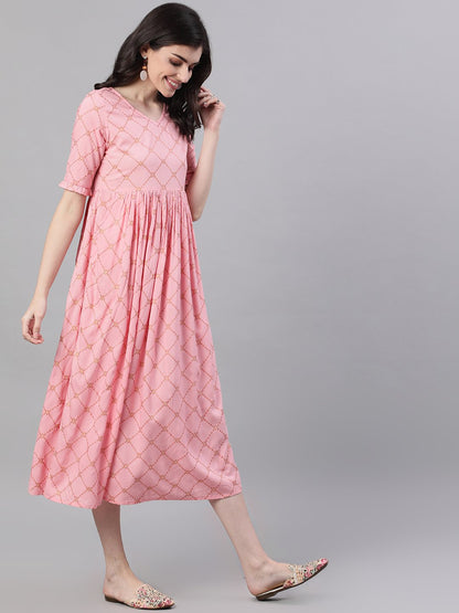 Women's Pink Checked Checked V-Neck Viscose Rayon Maxi Dress