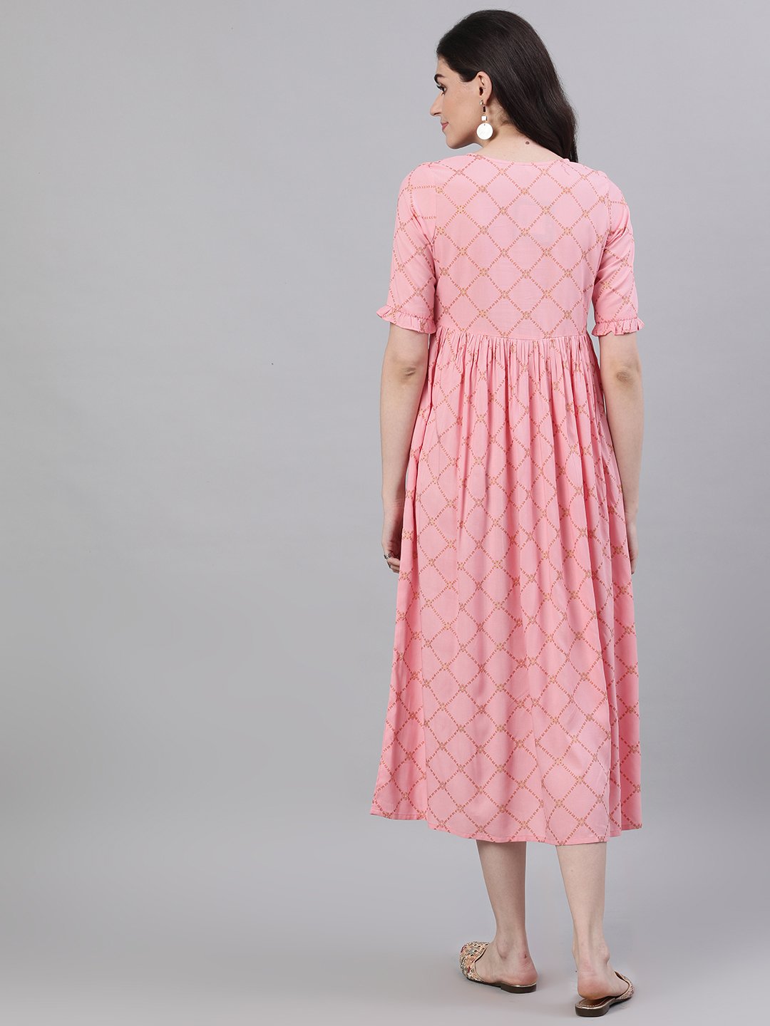 Women's Pink Checked Checked V-Neck Viscose Rayon Maxi Dress