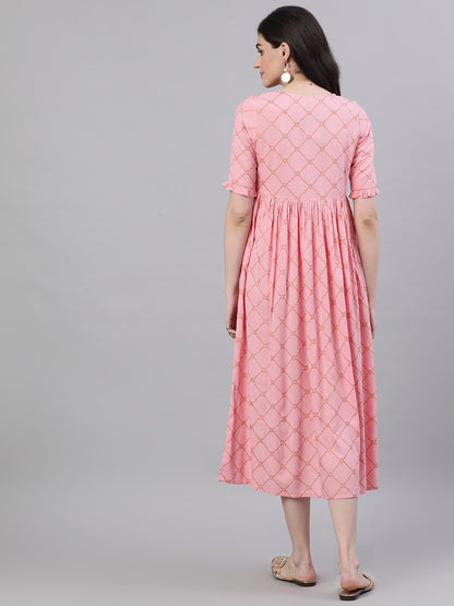 Women's Pink Checked Checked V-Neck Viscose Rayon Maxi Dress
