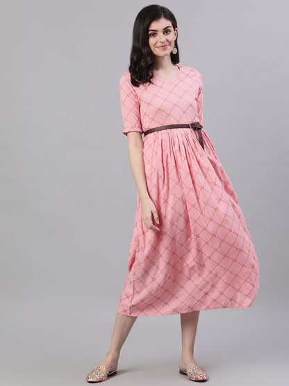 Women's Pink Checked Checked V-Neck Viscose Rayon Maxi Dress