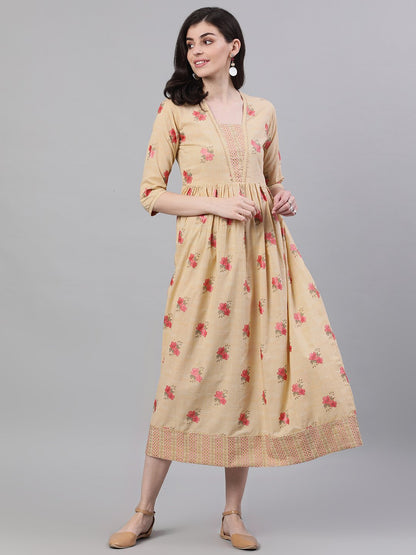 Women's Yellow Floral Printed Square Neck Cotton Maxi Dress