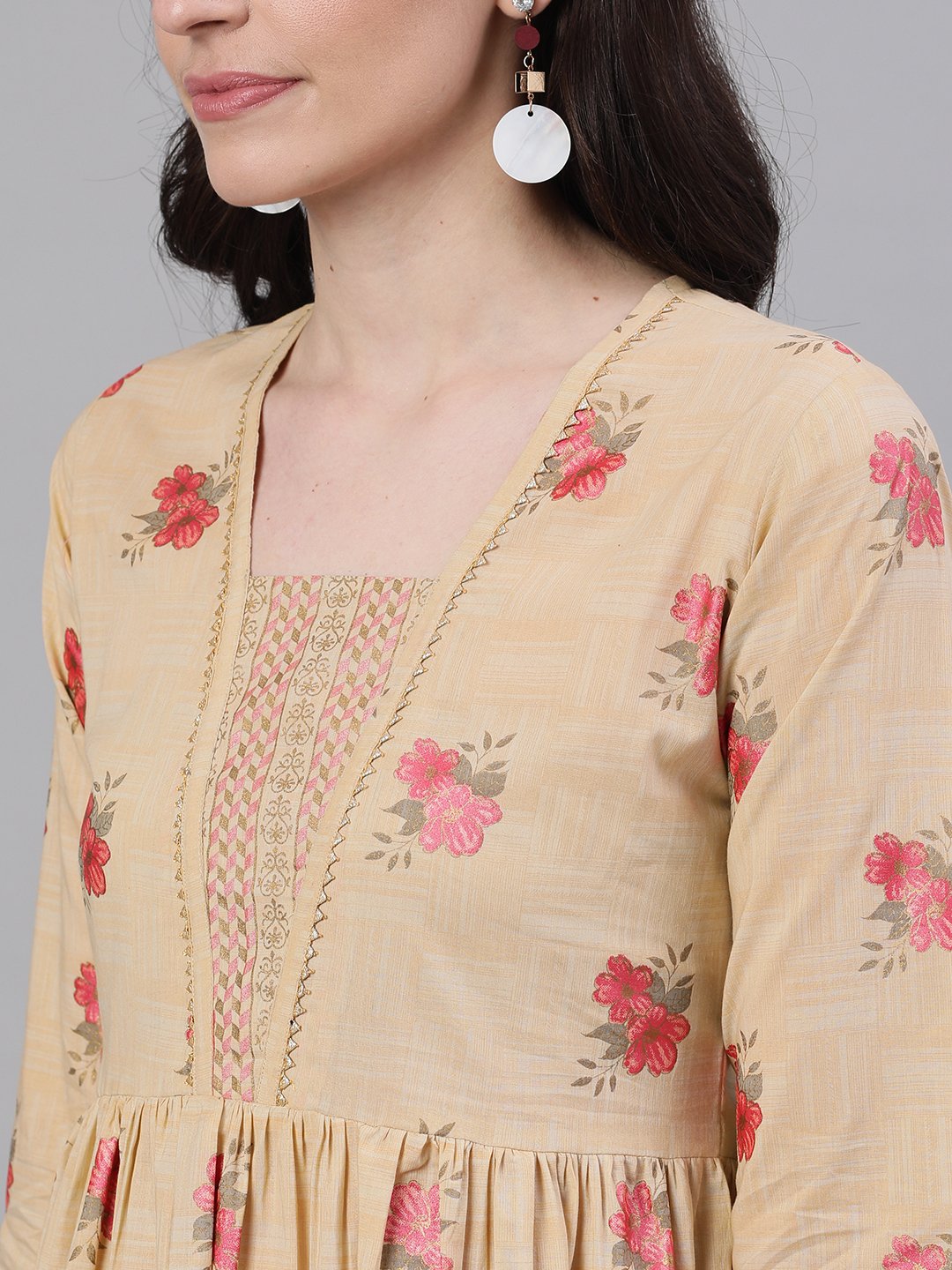 Women's Yellow Floral Printed Square Neck Cotton Maxi Dress
