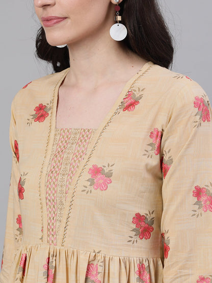 Women's Yellow Floral Printed Square Neck Cotton Maxi Dress