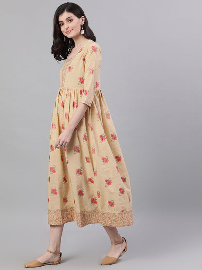 Women's Yellow Floral Printed Square Neck Cotton Maxi Dress