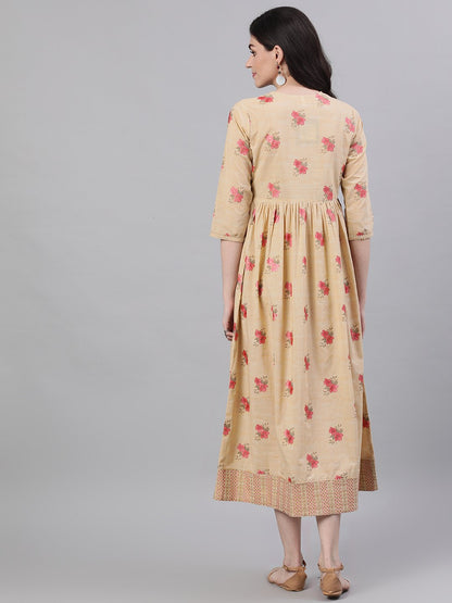 Women's Yellow Floral Printed Square Neck Cotton Maxi Dress