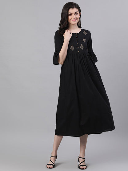 Women's Black Solid Solid Round Neck Cotton Maxi Dress
