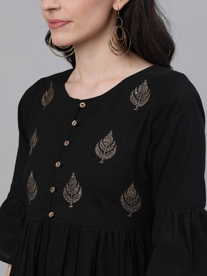 Women's Black Solid Solid Round Neck Cotton Maxi Dress