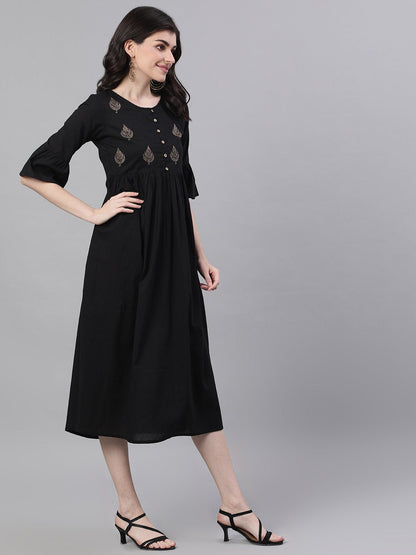 Women's Black Solid Solid Round Neck Cotton Maxi Dress