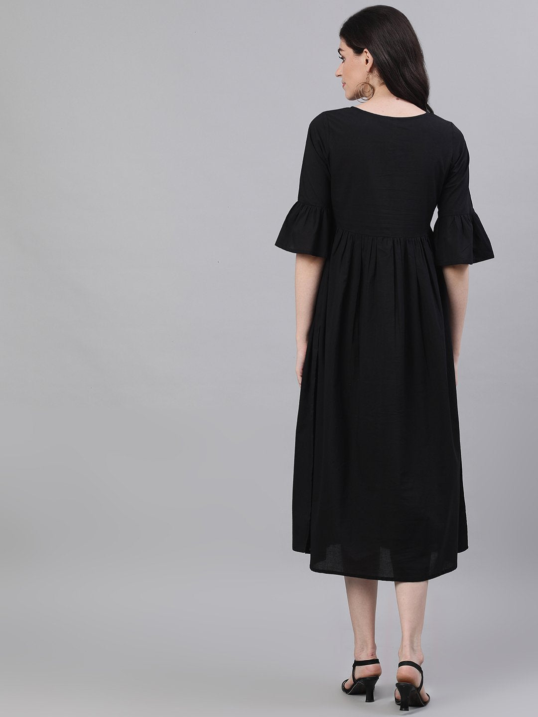 Women's Black Solid Solid Round Neck Cotton Maxi Dress