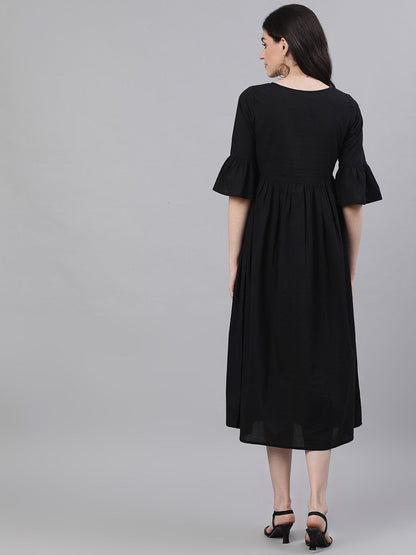 Women's Black Solid Solid Round Neck Cotton Maxi Dress
