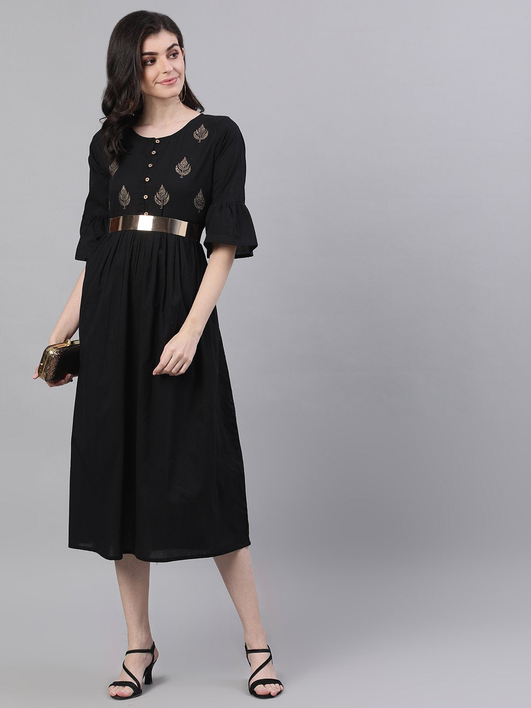 Women's Black Solid Solid Round Neck Cotton Maxi Dress