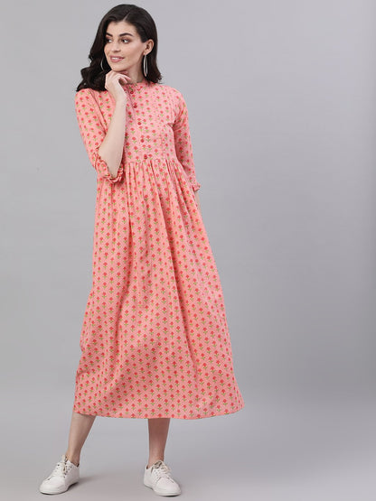 Women's Pink Floral Printed Mandarin Collar Cotton Maxi Dress