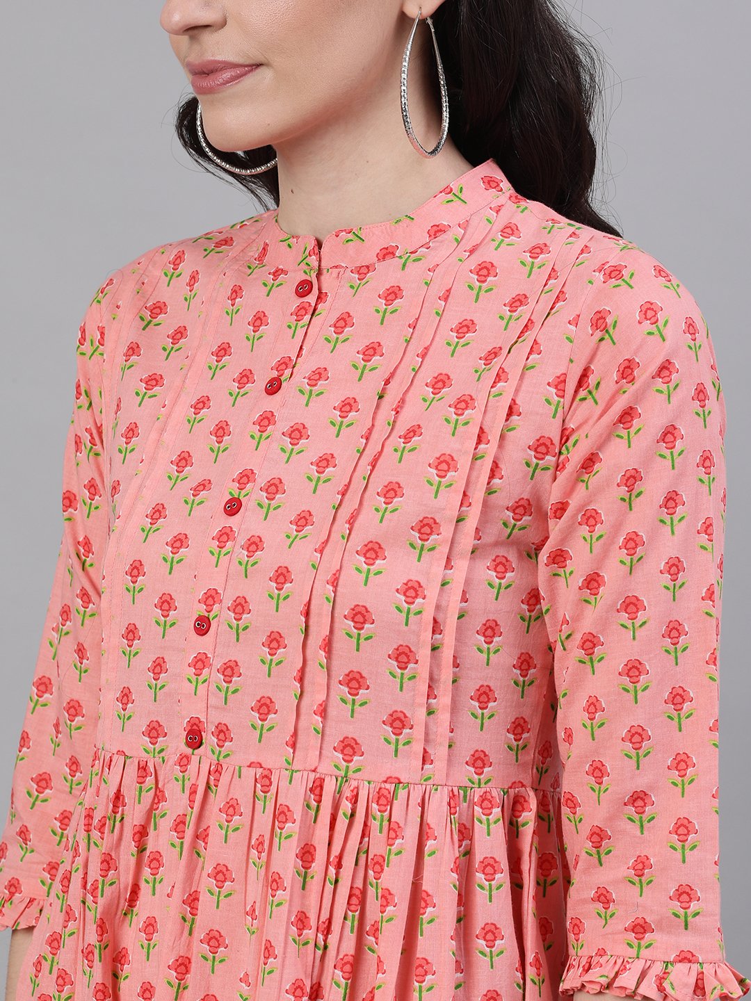 Women's Pink Floral Printed Mandarin Collar Cotton Maxi Dress