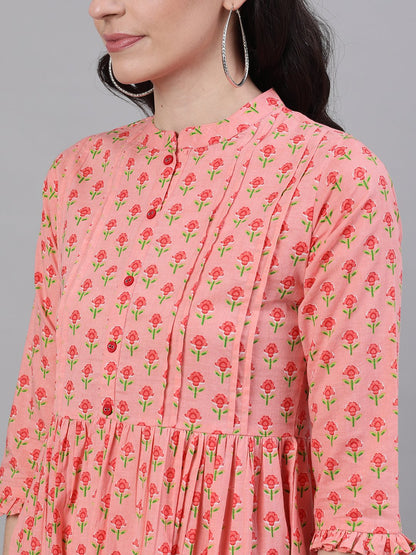 Women's Pink Floral Printed Mandarin Collar Cotton Maxi Dress