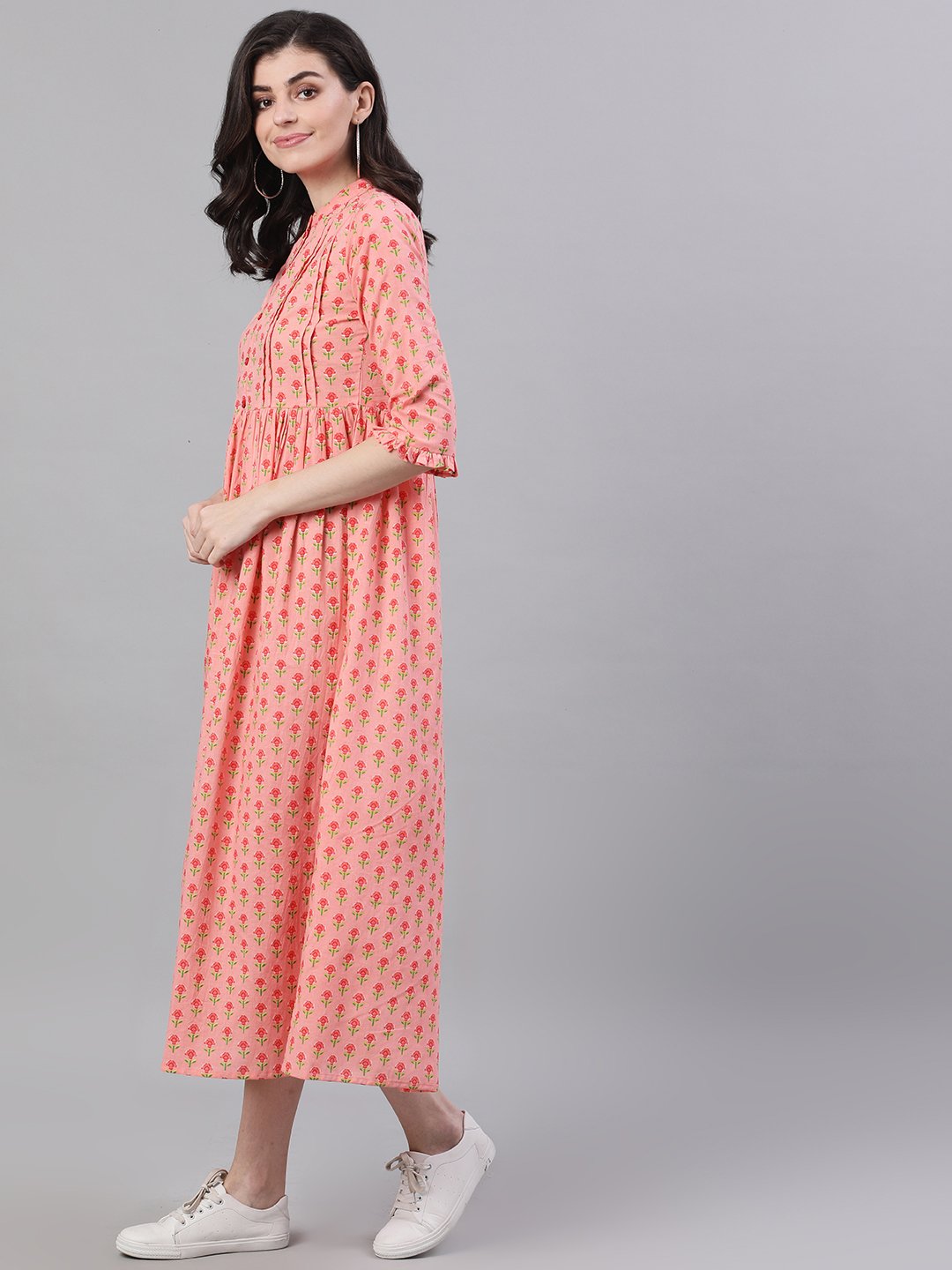 Women's Pink Floral Printed Mandarin Collar Cotton Maxi Dress