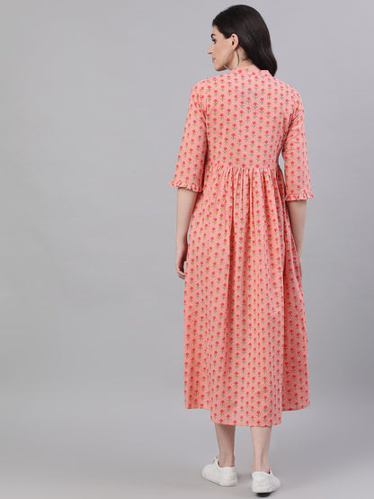 Women's Pink Floral Printed Mandarin Collar Cotton Maxi Dress