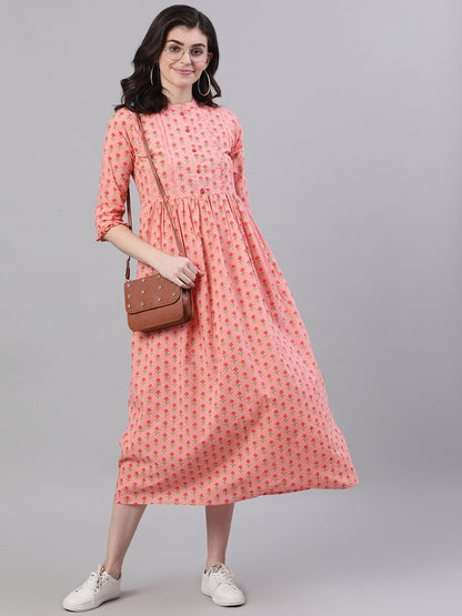 Women's Pink Floral Printed Mandarin Collar Cotton Maxi Dress