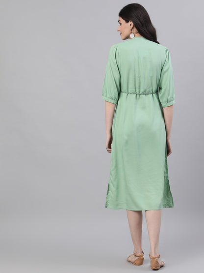 Women's Pastel Green Solid Solid Mandarin Collar Viscose Rayon Maxi Dress
