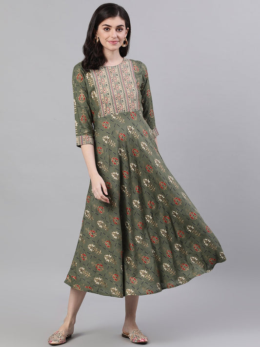 Women's Green Geometric Printed Round Neck Cotton Maxi Dress