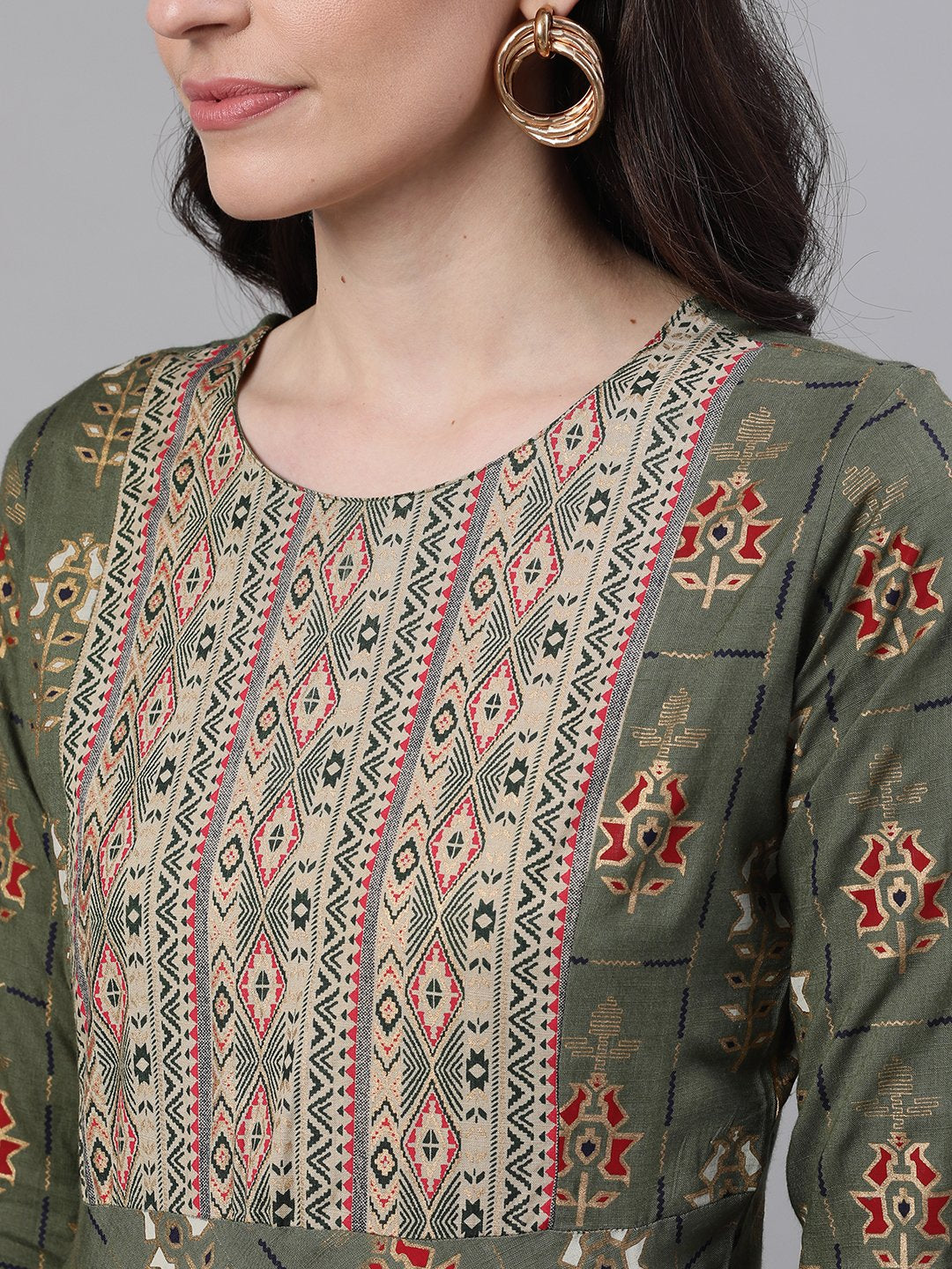 Women's Green Geometric Printed Round Neck Cotton Maxi Dress