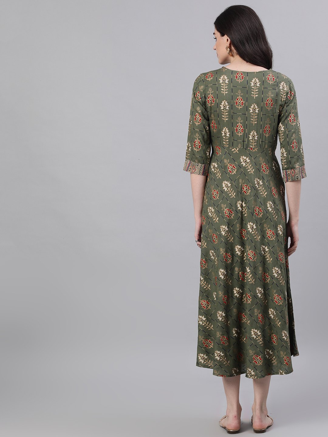 Women's Green Geometric Printed Round Neck Cotton Maxi Dress