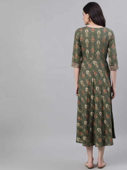 Women's Green Geometric Printed Round Neck Cotton Maxi Dress