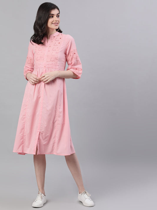 Women's Pink Solid Solid Mandarin Collar Cotton Maxi Dress