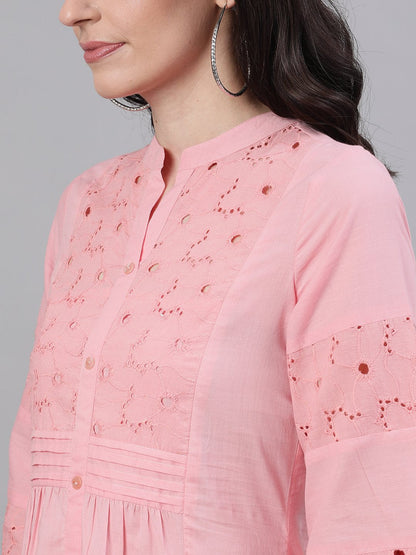 Women's Pink Solid Solid Mandarin Collar Cotton Maxi Dress