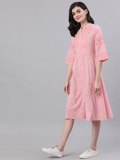 Women's Pink Solid Solid Mandarin Collar Cotton Maxi Dress