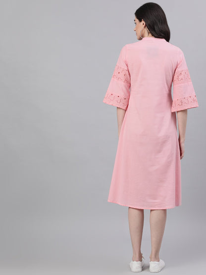 Women's Pink Solid Solid Mandarin Collar Cotton Maxi Dress