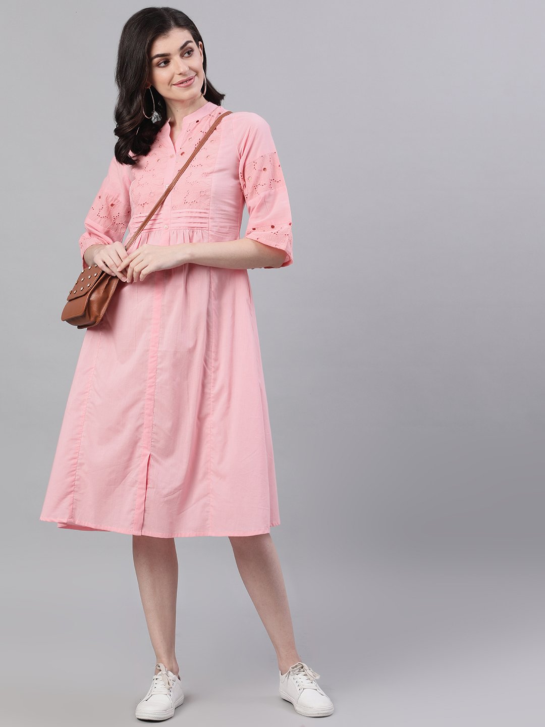 Women's Pink Solid Solid Mandarin Collar Cotton Maxi Dress