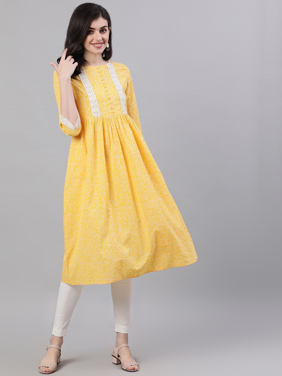 Women's Yellow Front Yoke Lace Detail Printed Dress