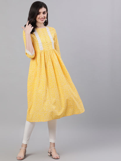 Women's Yellow Front Yoke Lace Detail Printed Dress