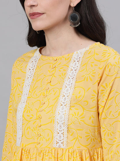 Women's Yellow Front Yoke Lace Detail Printed Dress