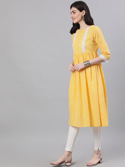 Women's Yellow Front Yoke Lace Detail Printed Dress