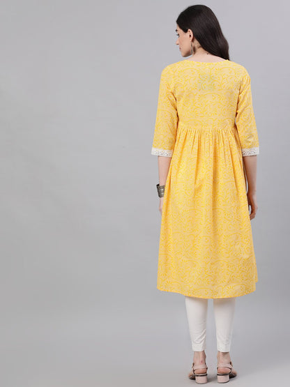 Women's Yellow Front Yoke Lace Detail Printed Dress