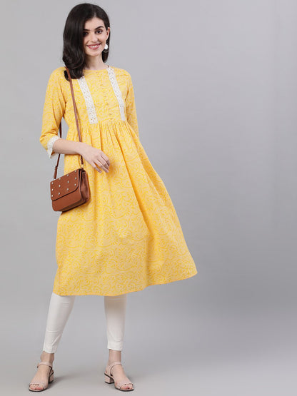 Women's Yellow Front Yoke Lace Detail Printed Dress
