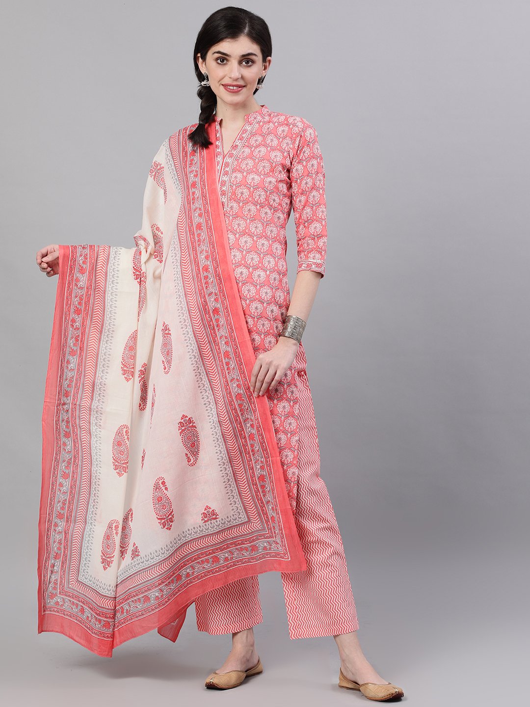 Women's Pink Three-Quarter Sleeves Straight Kurta Palazzo With Dupatta