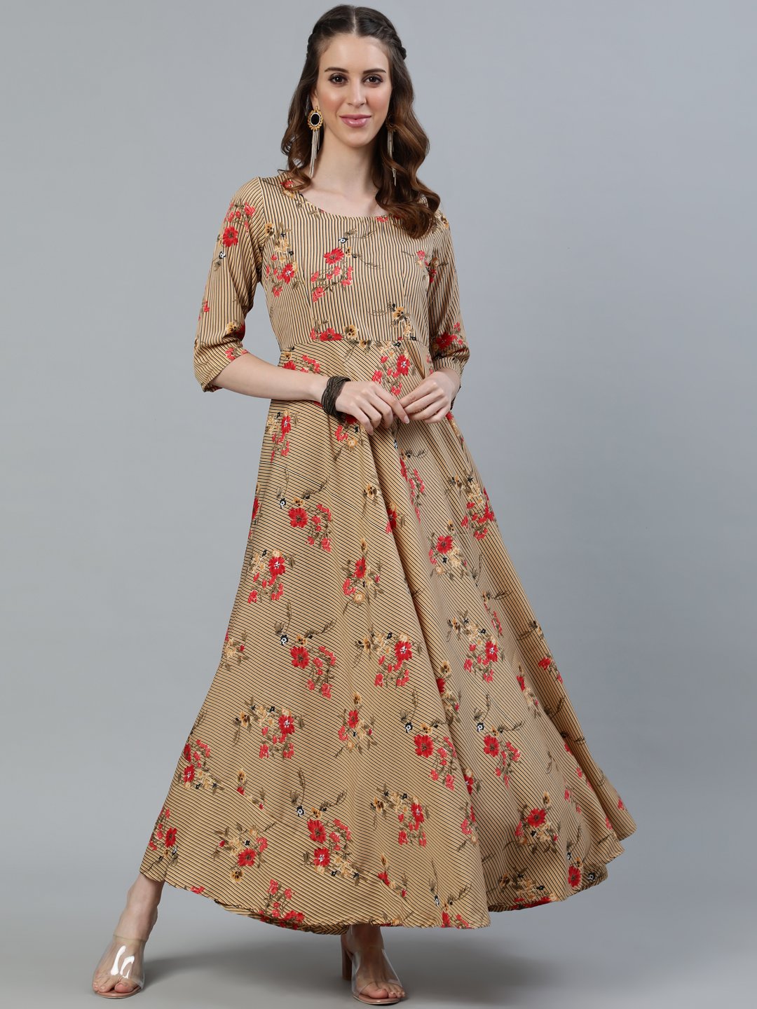 Women's Beige Printed Maxi Dress With Three Quarter Sleeves