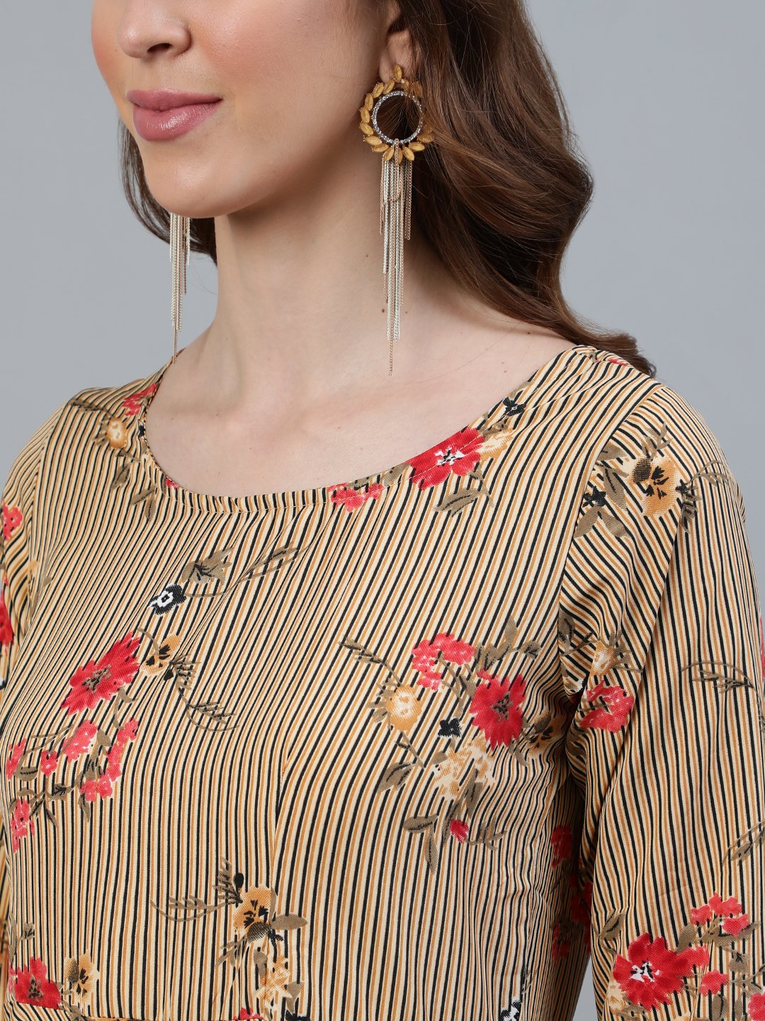 Women's Beige Printed Maxi Dress With Three Quarter Sleeves